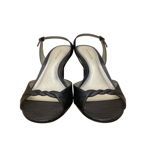 Ann Taylor Women’s Black Leather Braided Detail Slingback Open Toe Heels Size 7M - Picture 2 of 9